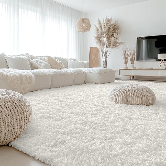 OLANLY 10x10 Machine Washable Large Area Rugs for Living Room, Bedroom, Soft Fluffy Shaggy Bedside Rug, Indoor Floor Carpet for Kids Girls and Boys, Dorms, Nursery, Home Decor Aesthetic, Ivory