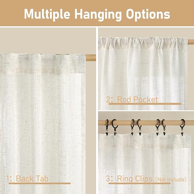 LAMIT Cream Linen Curtains 40 Inch for Small Window, Light Filtering Neutral Semi Sheer Window Boho Curtains Back Tab and Rod Pocket Panels for Kitchen/Living Room, 2 Panels, 34 x 40 Inch