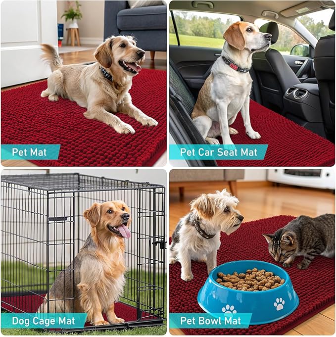 OLANLY Dog Door Mat for Muddy Paws 59x32, Absorbs Moisture and Dirt, Absorbent Non-Slip Washable Doormat, Quick Dry Chenille Mud Mat for Dogs, Entry Indoor Entryway Carpet for Inside Floor, Red