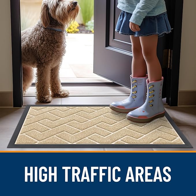 OLANLY Front Door Mat Indoor Outdoor Entrance, Waterproof All-Season, All-Weather Doormat, Sturdy Natural Rubber, Low Profile, Easy Clean Patio Porch Entryway Mat, Herringbone Brick (Beige, 47x23)