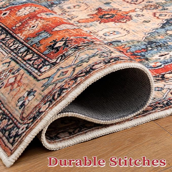 SERISSA Bedroom Rug 4x6 Boho Tribal Rug, Vintage Washable Area Rugs Non Slip, Ultra Soft Print Distressed Low-Pile Throw Carpet for Bedroom Nursery Dorm Kitchen Living Room Decor