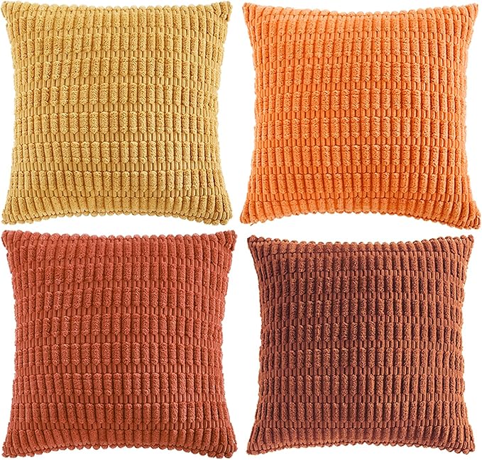 Fancy Homi Set of 4 Burnt Orange Fall Decorative Throw Pillow Covers 14x14 Inch for Couch Bed Chair, Modern Farmhouse Boho Room Decor, Soft Fuzzy Corduroy Textured Striped Cushion Case 35cm