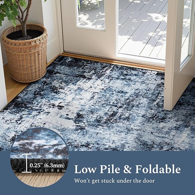 Rugflix 9x12 Area Rugs for Living Room, Washable Large Rug Stain-Resistant Low Pile, Modern Dark Carpet for Dining Room Home Office Kid Room Nursery Bedroom, Navy Blue/Black