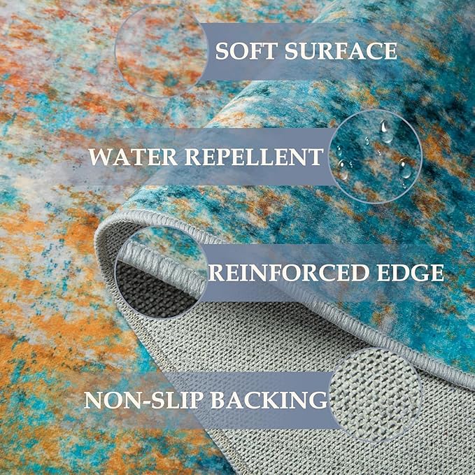 Washable Area Rugs 3'x5' Non-Slip Modern Abstract Soft for Living Room Entryway Bedroom Nursery, Print Pattern, Teal Blue Green Orange Rust Red Coloreful