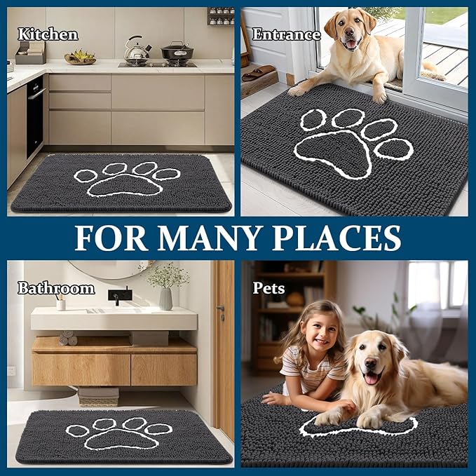 OLANLY Dog Door Mat for Muddy Paws 54x32, Paw Print Design, Absorbs Moisture and Dirt, Absorbent Non-Slip Washable Doormat, Quick Dry Chenille Mud Mat for Dogs, Entry Indoor Entryway Carpet, Dark Grey
