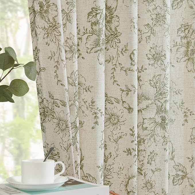 jinchan Linen Blend Floral Curtains for Living Room 45 Inch Length Farmhouse Printed Curtain Rod Pocket Back Tab Sage Green Peony Flower Patterned Drapes Bedroom Curtains Set 2 Panels