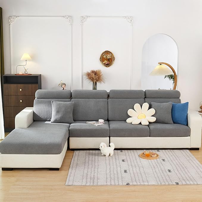 Sofa Covers Couch Covers for Sofa Pet Friendly Couch Cushion Covers Universal Sofa Covers Washable Stretch Slipcovers for Sectional Sofa (Texture Gray, 3 Seats + Chaise Cover)