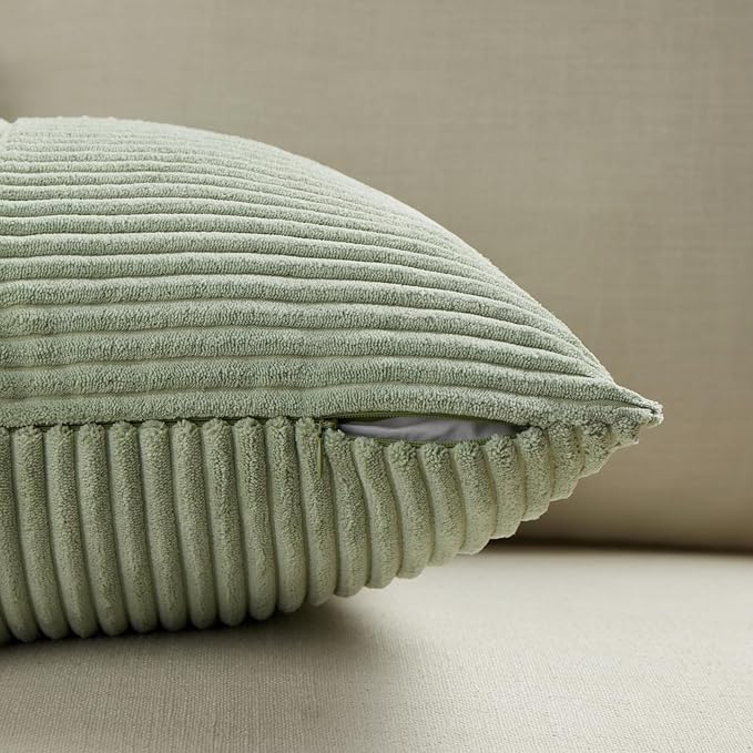 Fancy Homi 2 Packs Sage Green Lumbar Decorative Throw Pillow Covers 14x22 Inch for Living Room Couch Bed, Rustic Farmhouse Boho Home Decor, Soft Striped Corduroy Rectangle Accent Cushion Case 35x55 cm