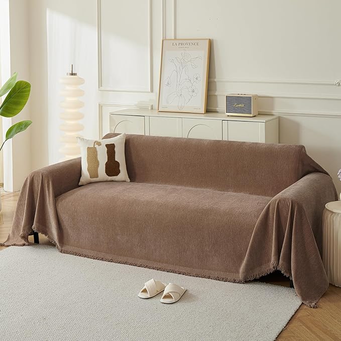 Couch Cover for Dogs, Boho Sofa Covers for 3 Cushion Couch, Chenille Sofa Slipcover for Pets Washable, L-Shape Sectional Couch Cover Soft Throw Blankets with Tassels(91x118,Coffee)