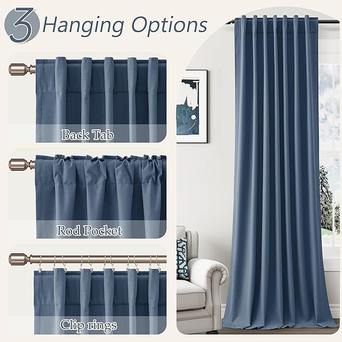Guken 100% Blackout Curtains 90 Inch Length 2 Panels Set for Living Room Bedroom Back Tab Thermal Insulated Black Out Linen Drapes Room Darkening Window Curtains 90 Inches Long,Denim Blue
