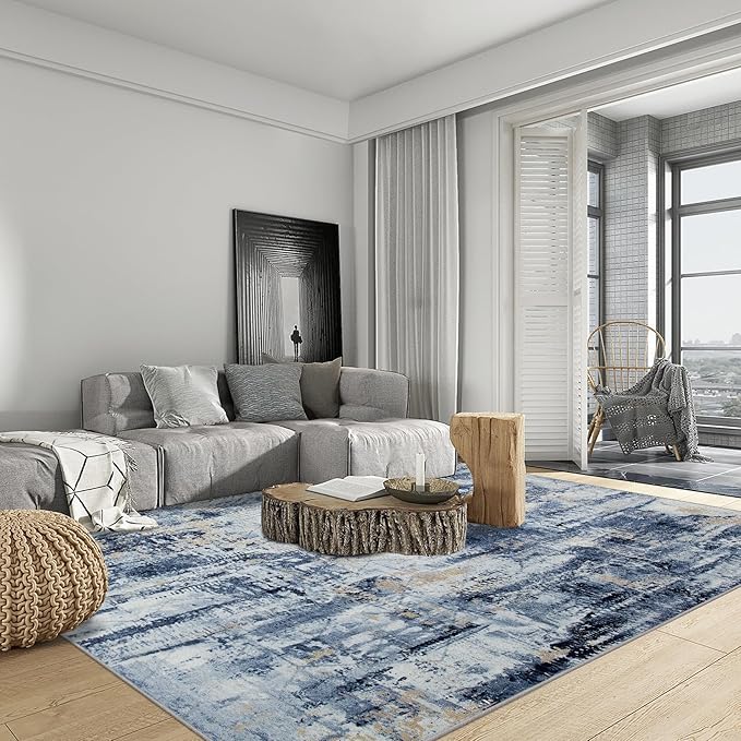 9x12 Area Rugs Washable Rug: Modern Abstract Living Room Rug Soft Anti-Skid Thin Carpet Indoor Floor Non-Shedding Carpets for Bedroom Dining Room Farmhouse Nursery Home Office Blue Gold