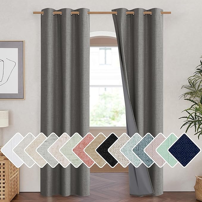 NICETOWN Grizzle Gray Vintage Linen 100% Blackout Curtains for Living Room, Thermal Insulated Curtains 90" Long, Noise Reducing Window Treatment Drapes for Hall Room, 42" Wide Per Panel, Set of 2