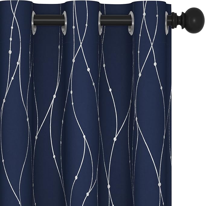 Deconovo Navy Blue Curtains, Blackout Curtain for Bedroom, 38 x 72 Inch, Thermal Insulated Soundproof Privacy Drapes with Silver Wave Dots Pattern, Grommet Top, Machine Washable Panel for Living Room