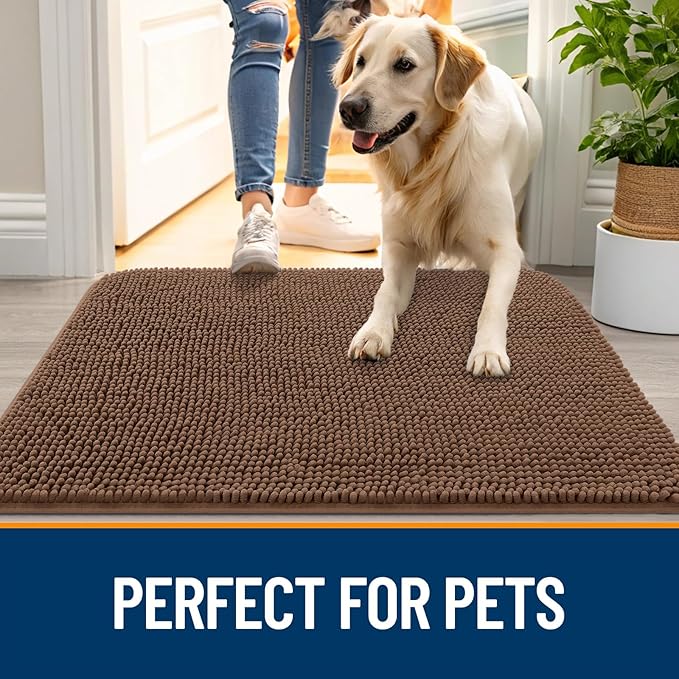 OLANLY Dog Door Mat for Muddy Paws 70x35, Absorbs Moisture and Dirt, Absorbent Non-Slip Washable Doormat, Quick Dry Chenille Mud Mat for Dogs, Entry Indoor Entryway Carpet for Inside Floor, Mocha