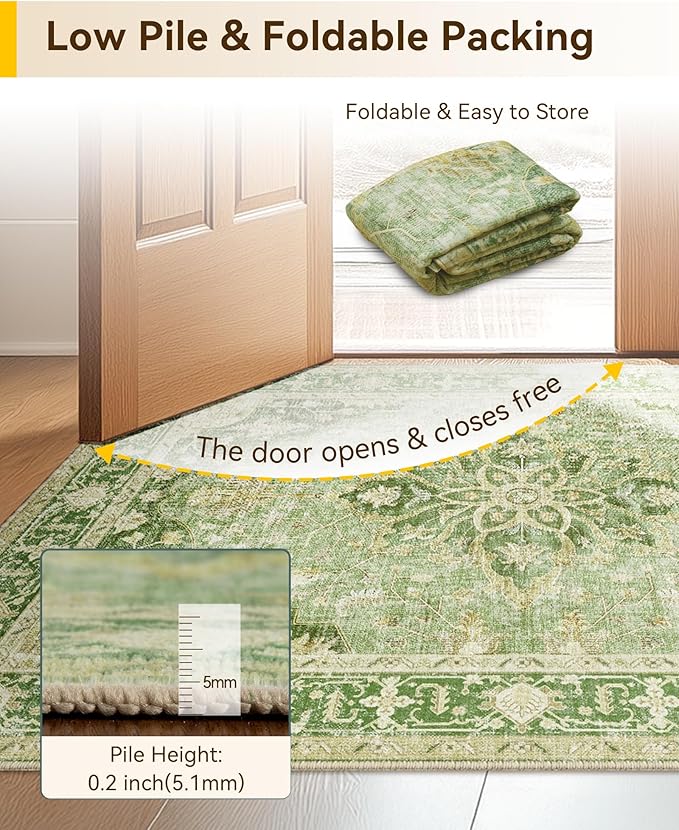 RELEANY Area Rugs 6'x8' Washable Non-Slip, Floral Vintage Distress Print Pattern Medallion Carpet for Living Room Bedroom Dining Room, Sage Green Yellow
