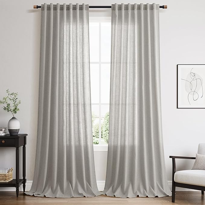 Nanspring Light Gray Linen Curtains 102 Inches Long for Living Room Modern Farmhouse Decor Rod Pocket Back Tab Light Filtering Boho Semi Sheer Grey Curtain for Bedroom 52x102, 2 Panels