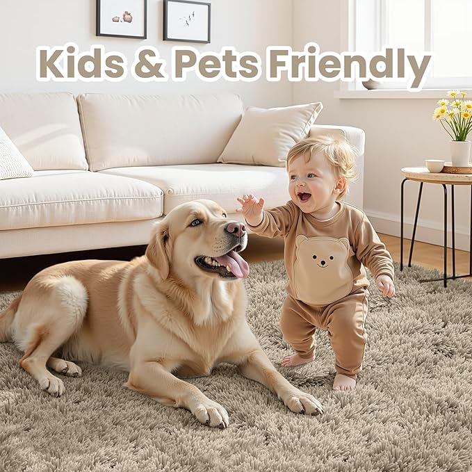 8x10 Area Rugs for Living Room Rug: Soft Fluffy Shag Gray Camel Rugs for Bedroom, Non-Slip Large Fuzzy Plush Rug Indoor Floor Carpet for Nursery Kids Boys Girl Room, Dorms, Playroom, Modern Home Decor