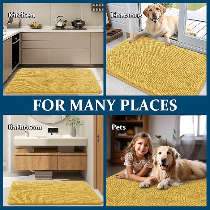 OLANLY Dog Door Mat for Muddy Paws 50x30, Absorbs Moisture and Dirt, Absorbent Non-Slip Washable Doormat, Quick Dry Chenille Mud Mat for Dogs, Entry Indoor Entryway Carpet for Inside Floor, Yellow