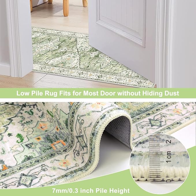 Yamaziot Washable Runner Rug, 2x8 Non-Slip Boho Vintage Hallway Rug Runner with Rubber Backing, Stain Resistant & Low Pile Faux Wool Distressed Carpet Runner for Kitchen, Laundry, Entrance, Sage Green