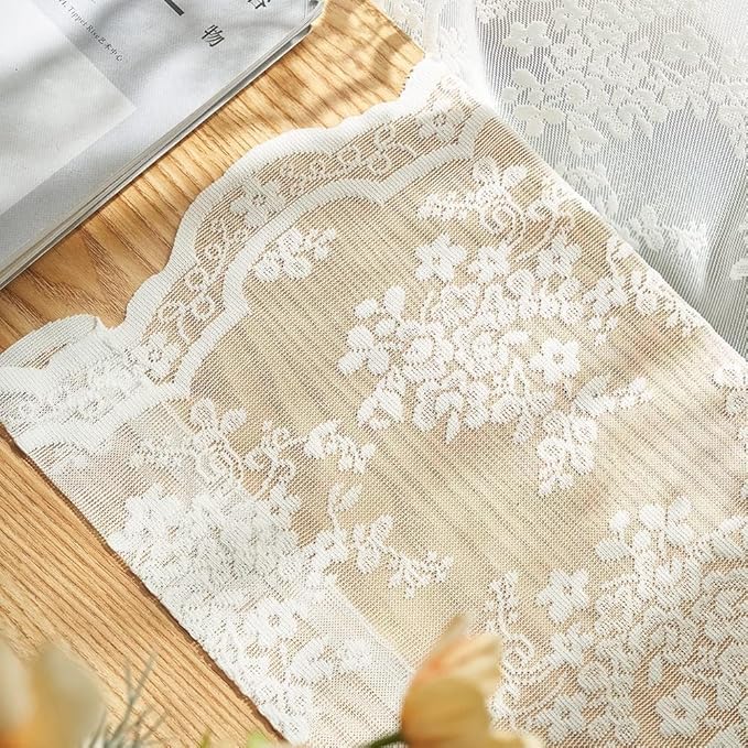 YJ YANJUN Vintage Lace Curtains - Fancy Flower Pattern Ivory 102 Inch Long Curtain Panels for for Patio Sliding Door Bedroom Counrty Cream Light Filtering Drapes 2 Panels Set,52x102 Inch Off White