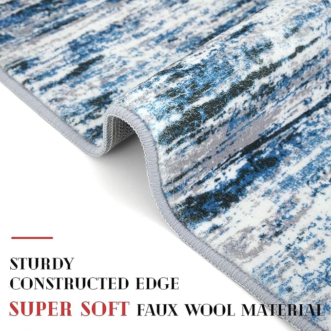 Lansny Modern Abstract Runner Rug 2.6x18, Grey Blue White Washable Long Kitchen Runner Non-Slip Soft Hallway Rug Runner Thin Print Faux Wool Carpet for Entryway Bedroom Laundry Room Indoor Home Decor