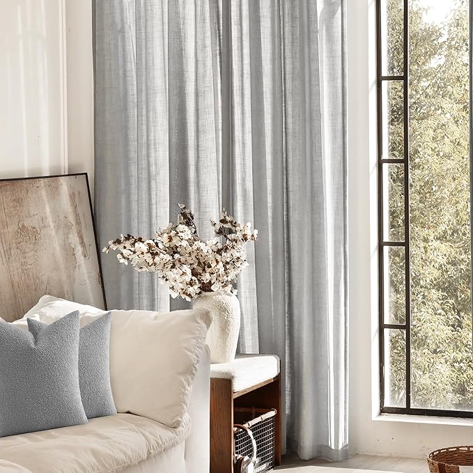 Linen Blend Grey Curtains for Living Room Back Tab Modern Farmhouse Semi Sheer Light Gray Curtains 108 inches Long 2 Panels Set Muted Neutral Cotton Texture Window Curtain for Dining Room Bedroom