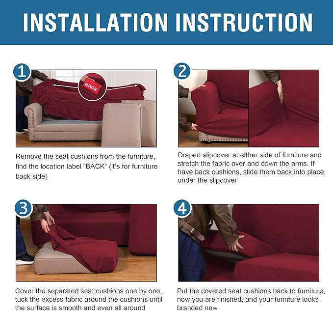 H.VERSAILTEX 3 Piece Stretch Sofa Covers for 2 Cushion Loveseat Couch Covers for Living Room Furniture Cover (Base Cover Plus 2 Seat Cushion Covers) Thicker Jacquard Fabric(Medium Sofa, Burgundy)