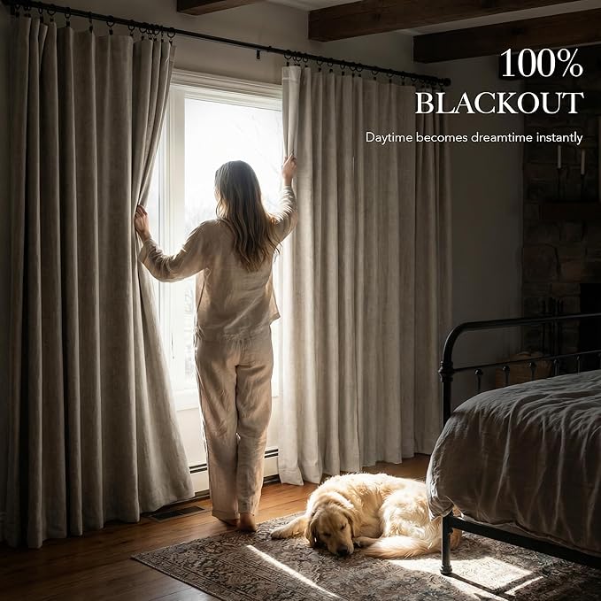RYB HOME 100% Blackout Linen Textured Curtains 96 inches Long, Thermal Insulating Privacy Energy Saving for Bedroom Living Room Window Office Theater Dining Nursery, W 52 x L 96 in, Linen, 2 Panels