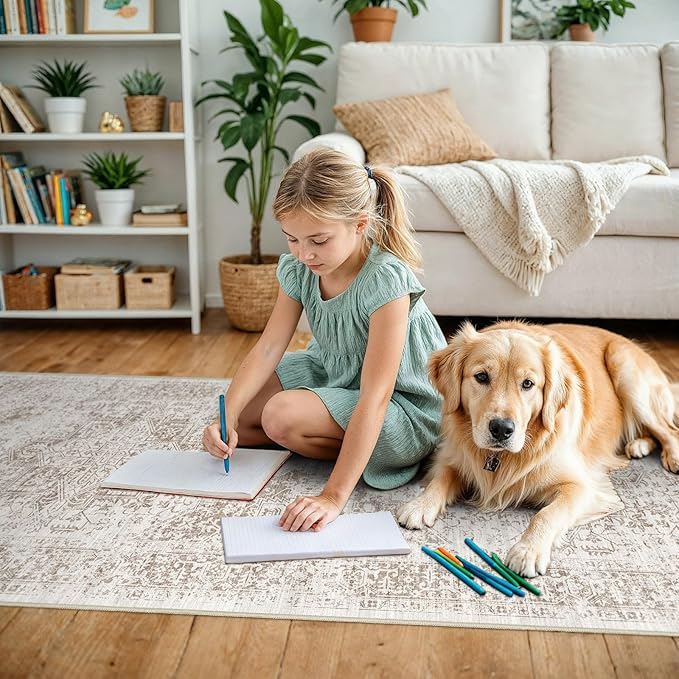 3x8 Washable Hallway Runner Rug - Non Slip Kitchen Runner Rugs with Rubber Backing Vintage Low-Pile Carpet Runners for Entryway Dining Room Laundry Room Home Decor (Cream/Camel)