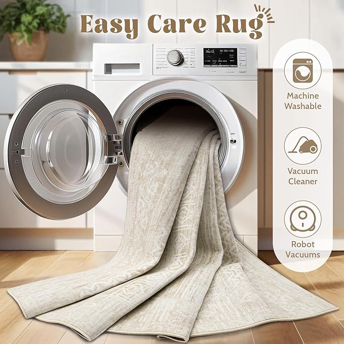 6x9 Area Rugs for Living Room: Washable Moroccan Geometric Boho Rug Farmhouse Non Slip Stain Resistant Large Rug Low Pile Soft Carpet for Bedroom Dining Room Home Office Kids Room (Ivory Beige,6'x9')