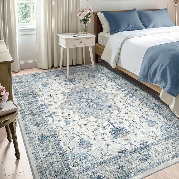 Area Rugs 5'x7' Washable Non-Slip, Floral Vintage Distress Print Pattern Medallion Carpet for Living Room Bedroom Dining Room, Light Blue Navy Beige Gray White