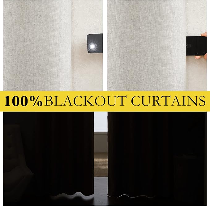 NICETOWN Linen Blackout Curtains for Kitchen, Ivory, 2 Panels, 34" Wide x 48" Long, Short Kitchen Burlap Linen 100% Blackout Drape Panels for Night Shift, Great Job for Blocking Light