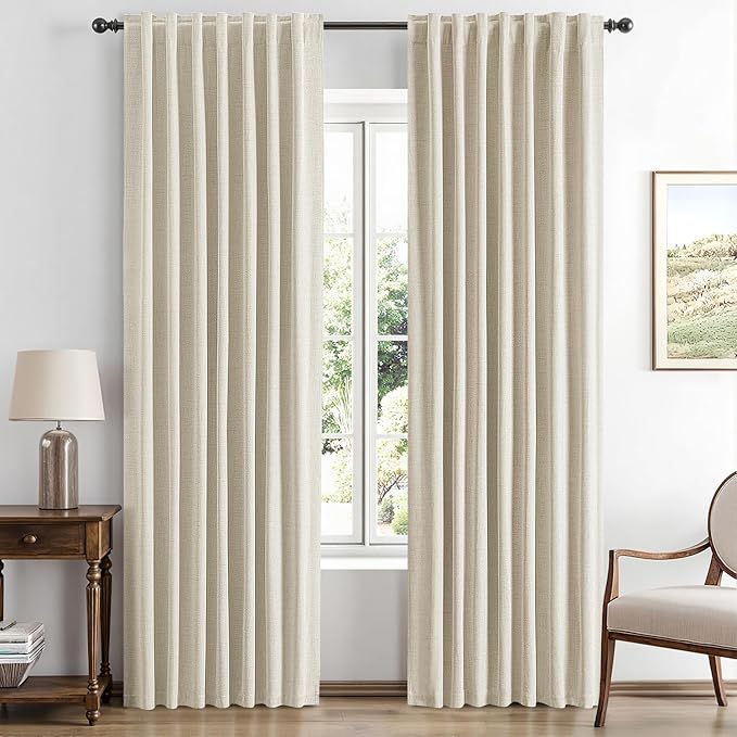 MIULEE 100% Blackout Linen Curtains for Bedroom, Cream Solid Luxury Decor Thermal Insulation Room Darkening Drapes for Living Room Nursery Back Tab Rod Pocket 42 x 90 Inches, 2 Panels