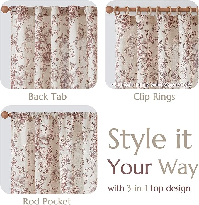 jinchan Linen Blend Curtain Floral Curtains for Living Room 108 Inch Length Farmhouse Brick Red Printed Curtain Rod Pocket Back Tab Peony Flower Patterned Drapes Curtains Set 2 Panels