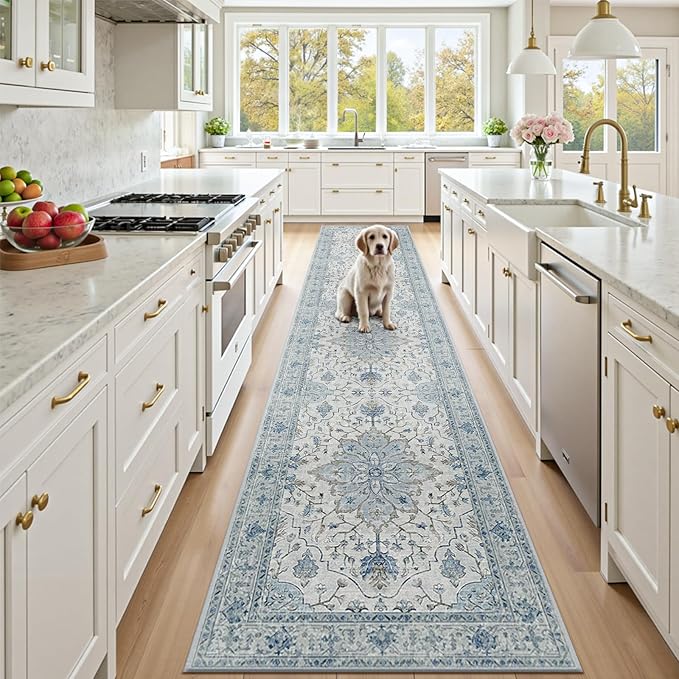 Area Rugs 3'x12' Runner Rug Non Slip Washable for Kitchen Hallway Bedroom Beside Laundry Room Bathroom Rug, Floor Carpet, Light Blue Navy Beige Gray White