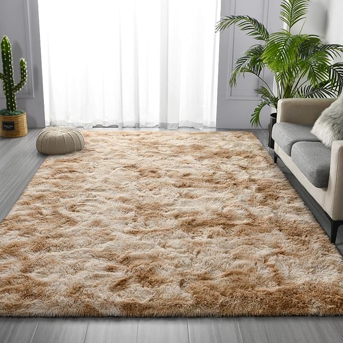 Deerhoo Shag Area Rug, 4 X 6 Tie-Dyed Plush Fuzzy Rugs for Living Room, Ultra Soft Fluffy Furry Rug for Bedroom, Indoor Carpet Nursery Rugs for Kids Room Home Decor, Beige