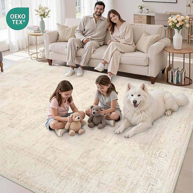 8x10 Area Rugs for Living Room: Vintage Boho Neutral Washable Rug Indoor Soft Large Area Rug Carpet for Bedroom Nursery Farmhouse Dining Room Office Floor Non-Slip Low Pile Under Table Rug Dark Beige