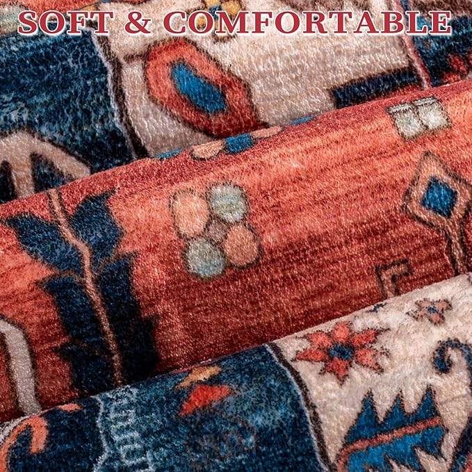SERISSA 10x14 Area Rugs for Living Room, Large Washable Non-Slip Boho Rug, Ultra Soft Vintage Rust Oriental Tribal Print Distressed Carpet for Dining Room Bedroom Office Home Decor
