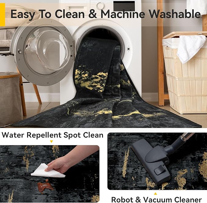 Washable Area Rugs 3x4 Non-Slip Modern Abstract Soft for Living Room Entryway Bedroom Nursery, Print Pattern, Dark Black Gold