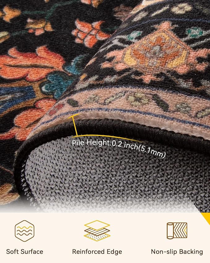 RELEANY Area Rugs 3'x12' Runner Rug Non Slip Washable for Kitchen Hallway Bedroom Beside Laundry Room Bathroom Rug, Floor Carpet, Black Colorful Floral Dark Tan