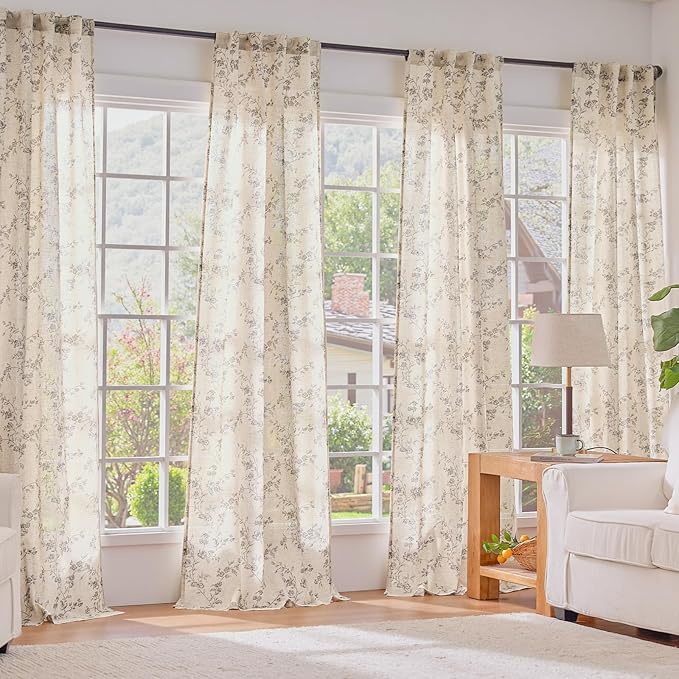 Lazzzy Floral Linen Curtains Farmhouse Extra Long Curtain for Living Room Bedroom Light Filtering Vintage Rod Pocket Back Tab Drapes for Home, 2 Panels, Gray on Beige, W38 X L108