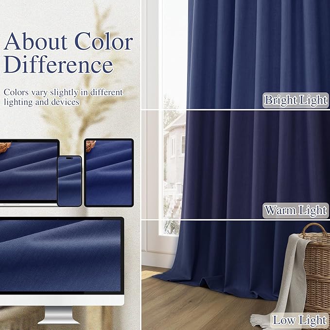 Guken 100% Blackout Curtains 108 Inch Length 2 Panels Set for Living Room Bedroom Back Tab Thermal Insulated Black Out Linen Drapes Room Darkening Window Curtains 108 Inches Long,Classic Blue