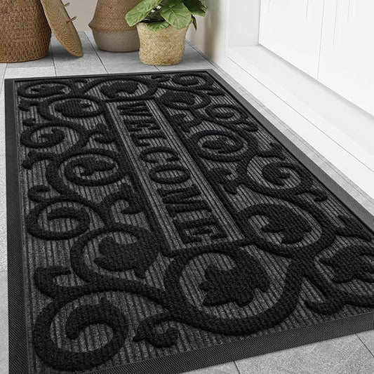 Smiry Welcome Door Mat Outside Entrance, Heavy Duty Trap Dirt and Moisture Easy Clean Low Profile Patio Porch Indoor Outdoor Front Doormat for Entry, 47x32 Inch, Black