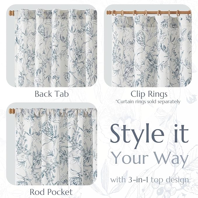 jinchan Floral Curtains 96 Inches Long Blue Flower Linen Farmhouse Curtain for Living Room French Country Vintage Curtain Rod Pocket Curtains Set 2 Panels Blue Floral Printed