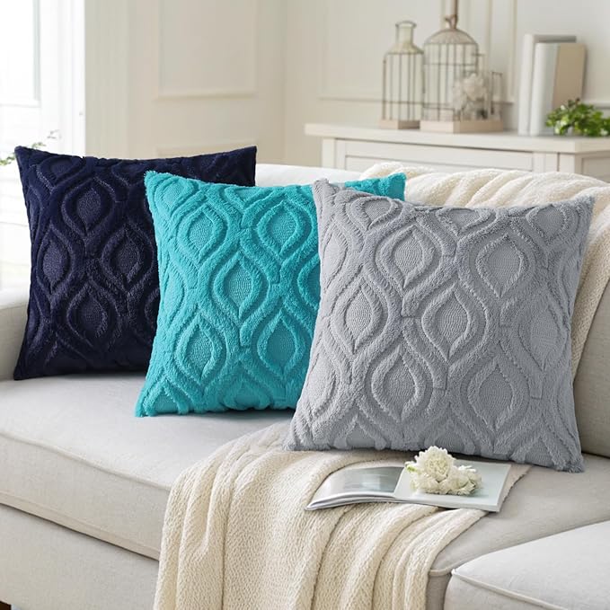decorUhome Throw Pillow Covers 26x26 Inch Set of 2, Soft Plush Faux Wool Blue Grey Solid Couch Pillow Covers, Accent Euro Sham Farmhouse Neutral Square Pillow Cases for Sofa Bed Living Room