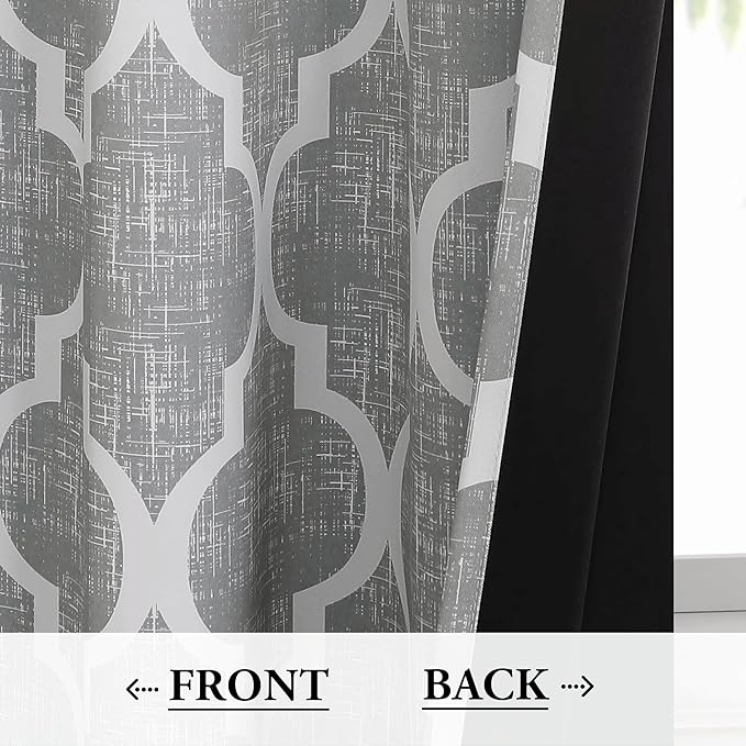 Beauoop 100% Blackout Curtains 84 Inches Long 2 Panels for Bedroom Living Room Grey Moroccan Geo Room Darkening Thermal Insulated Soundproof Grommet Top Window Treatments Drapes, 50x84 Set of 2