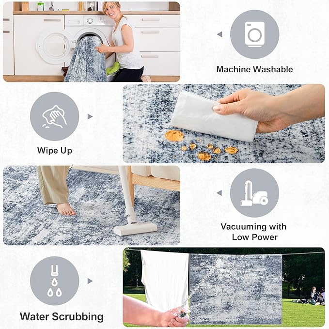 Area Rugs 10x12 Living Room - Washable Rug Modern Abstract Soft Large Neutral Non-Slip Carpet Indoor Floor Thin Carpets for Bedroom Dining Room Farmhouse Nursery Home Office Grey Blue