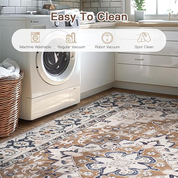 Lofus 2x8 Hallway Washable Runner Rug, Vintage Kitchen Runners Non Slip, Entryway Rugs for Bathroom Bedroom Living Room Laundry Room Floor Mat, Boho Entry Long Carpet, Floral Brown