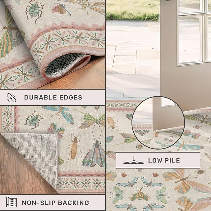 Hazo Haus Floral Pink Rugs for Bedroom Girls 6x9 - Insect Print Cute Girly Rug for Living Room, Dining Room Under Kitchen Table, Washable Low Pile Vintage Bug Art Nouveau Home Decor