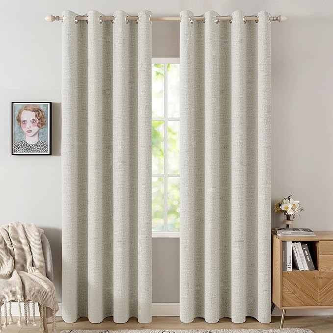 MIULEE Linen Texture 90 Inches Curtains for Bedroom Light Cream 100% Blackout Thermal Insulated Linen Curtains Grommet Room Darkening Drapes for Living Room Nursery 52x90 Inch (2 Panels)